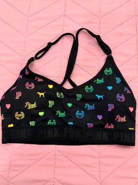 PINK Victoria's Secret Black Sports Bra with Multicolor Logos